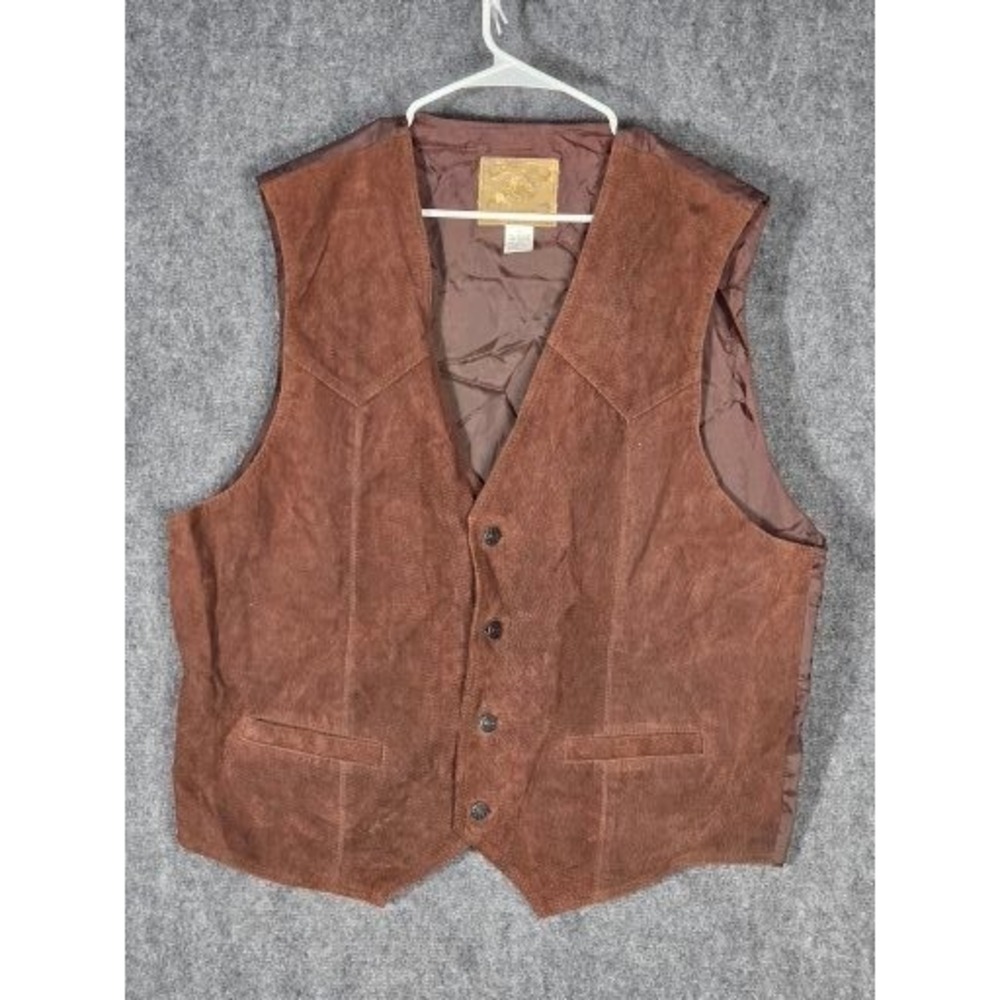 Vintage Genuine Leather Brown Suede Vest Western Style Quilted Lining Size Large